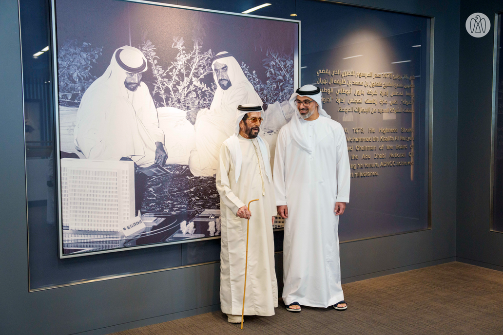 Khaled bin Mohamed bin Zayed receives Tahnoon bin Mohammed Al Nahyan at ADNOC headquarters